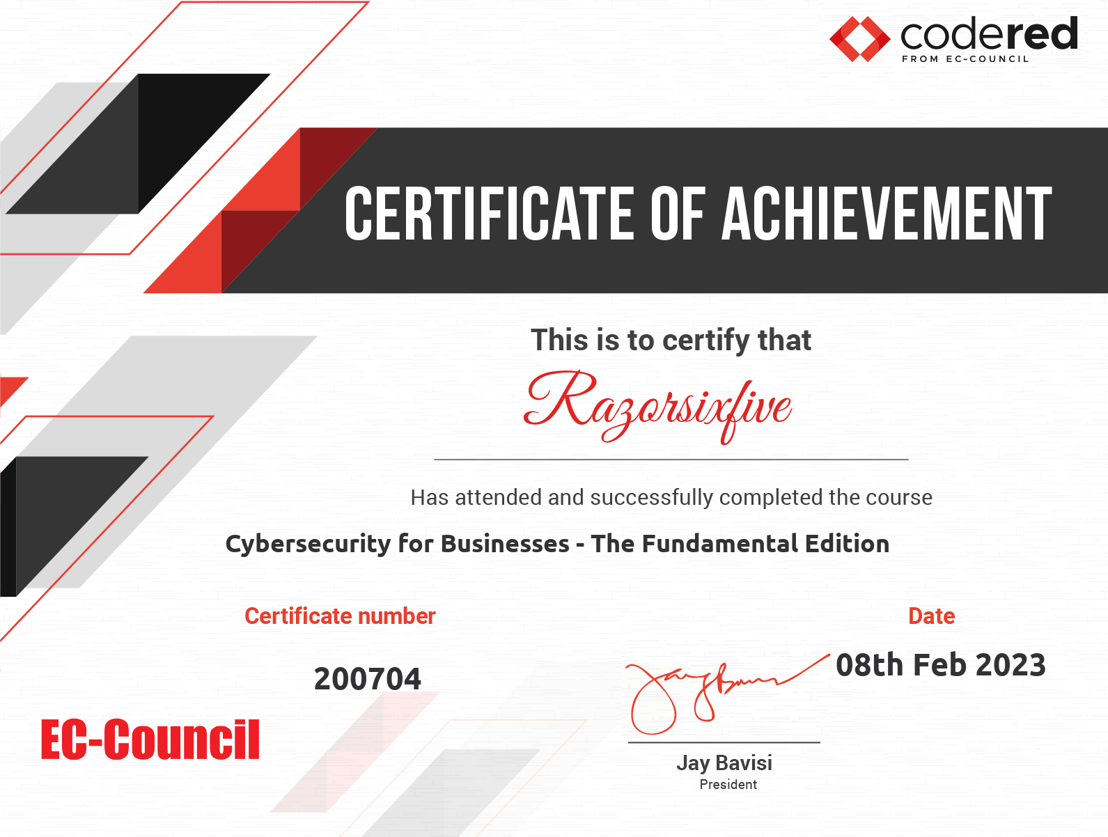 Cyber Security For Businesses The Fundamental Edition certifikat